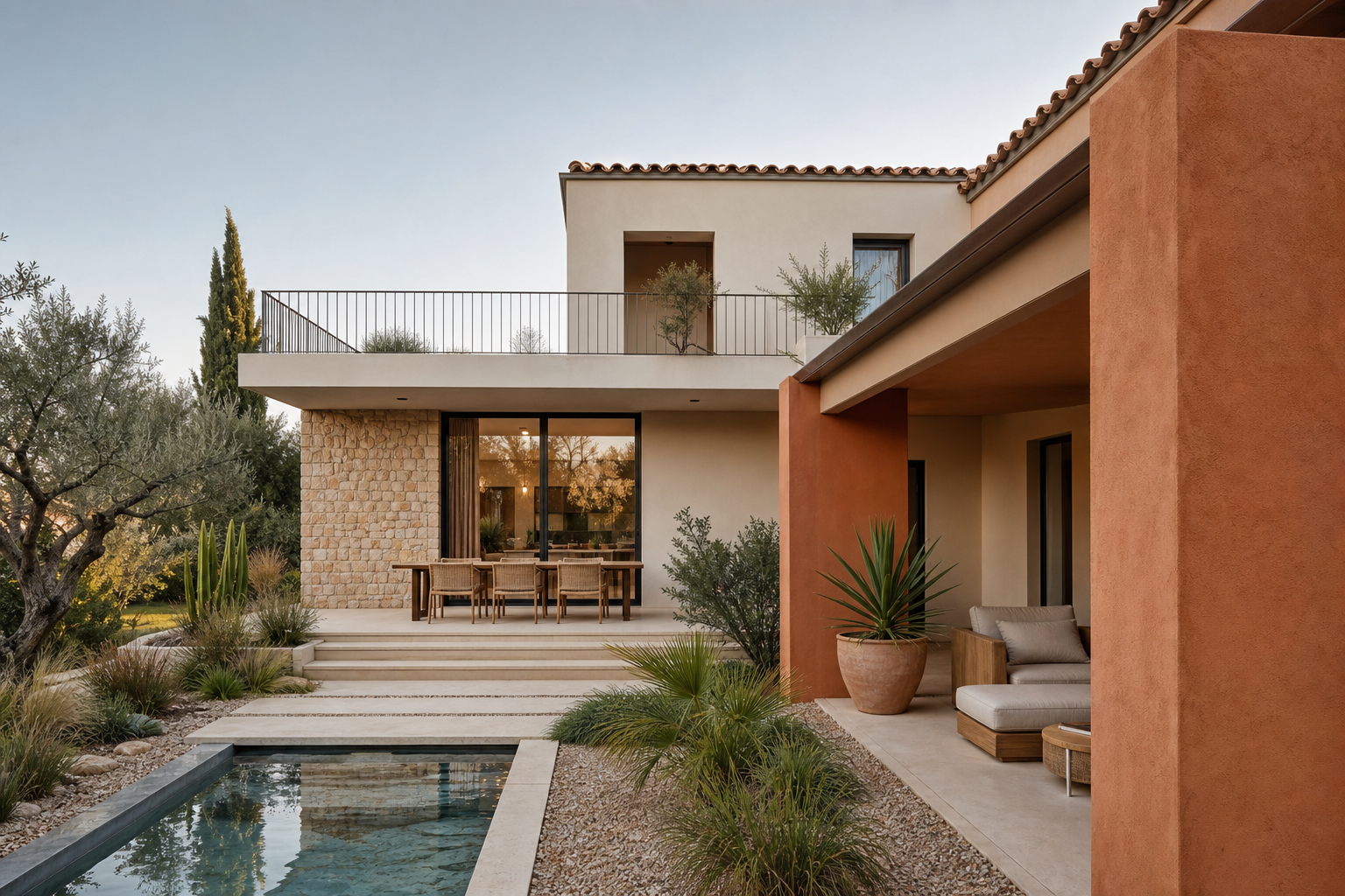 Maison contemporaine neuve dans le Rhône, vue extérieure ensoleillée, architecture régionale moderne