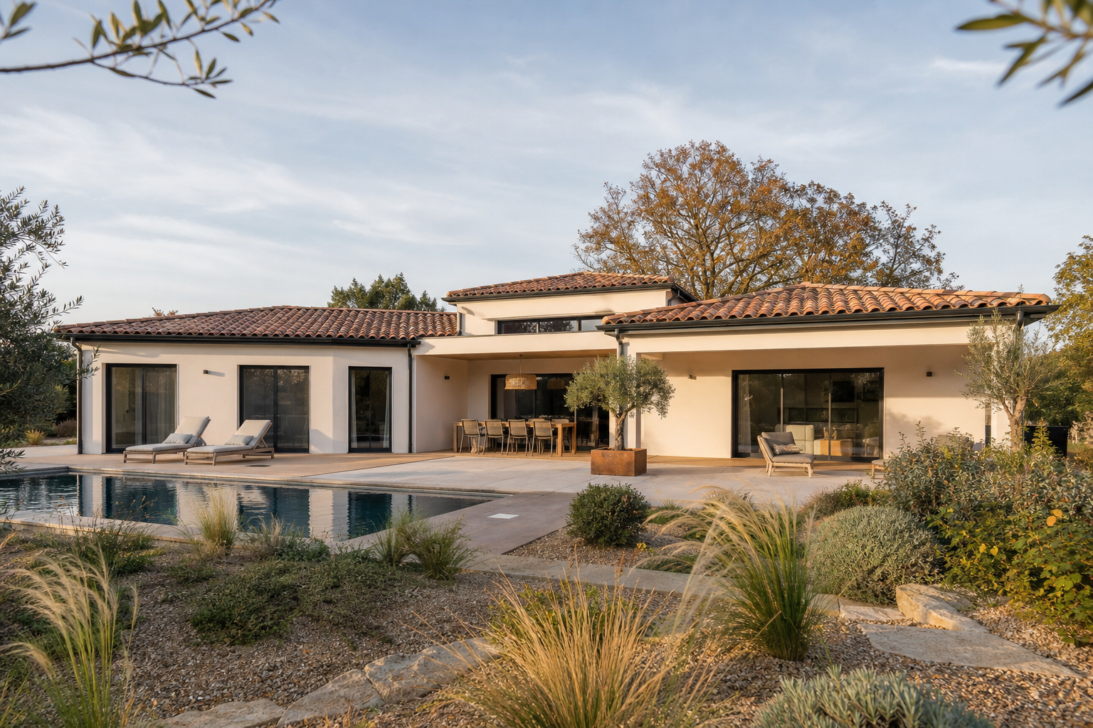 Maison contemporaine neuve en Haute-Garonne, vue extérieure avec architecture régionale et jardin