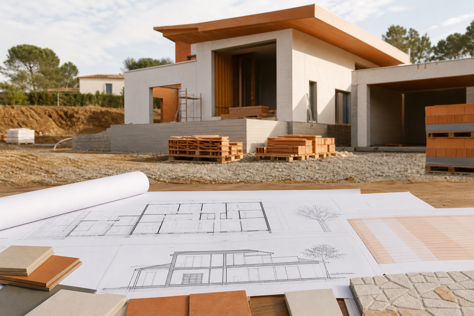 Chantier de maison neuve en Haute-Garonne avec plans et estimation de budget de construction