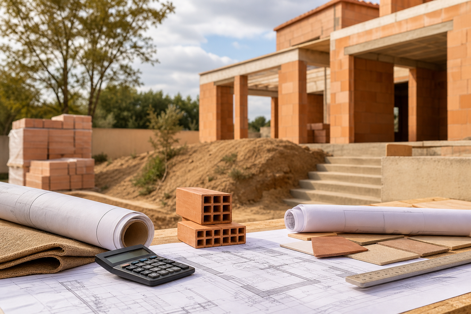 Chantier de maison neuve avec plans et calculatrice pour estimer le budget en Loire-Atlantique