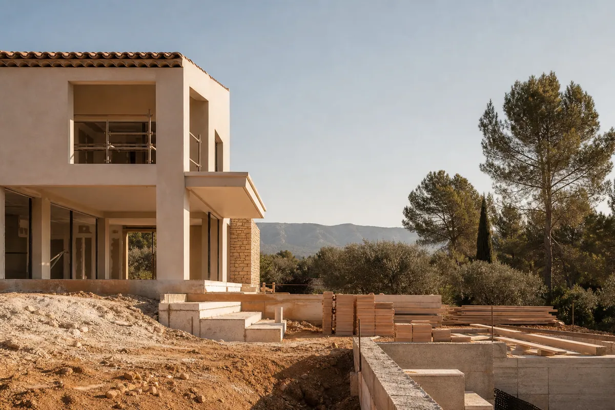 Chantier de construction maison à Puyricard avec fondations et gros œuvre