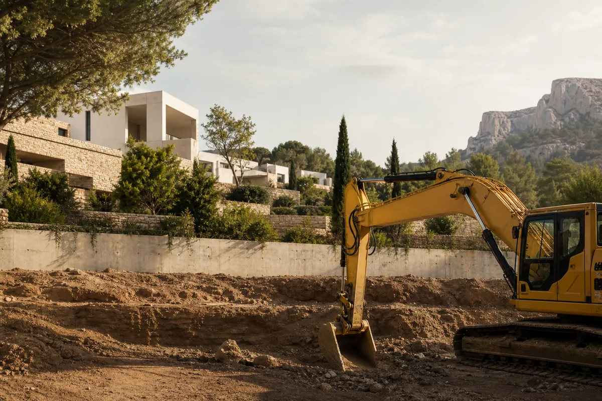 Terrain constructible à Bouc-Bel-Air avec pelleteuse, pour illustrer le prix du terrain et le budget maison