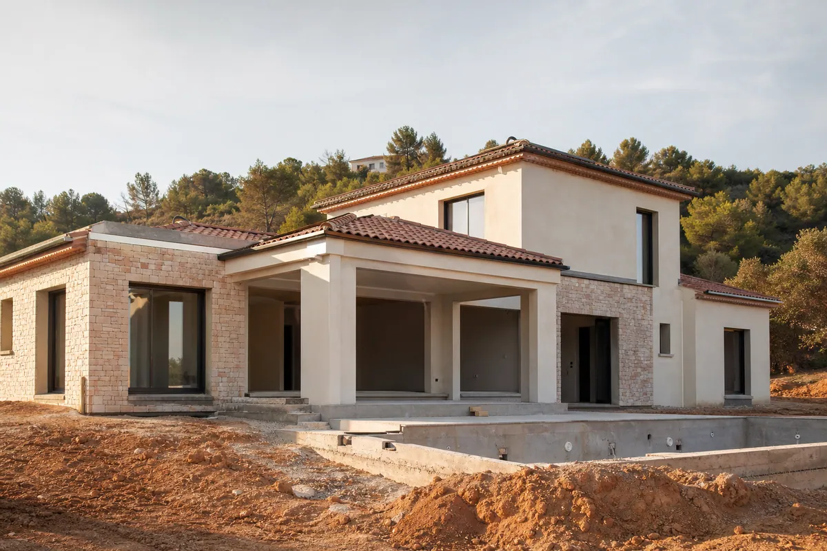 Chantier de construction de maison neuve à Fuveau, Bouches-du-Rhône