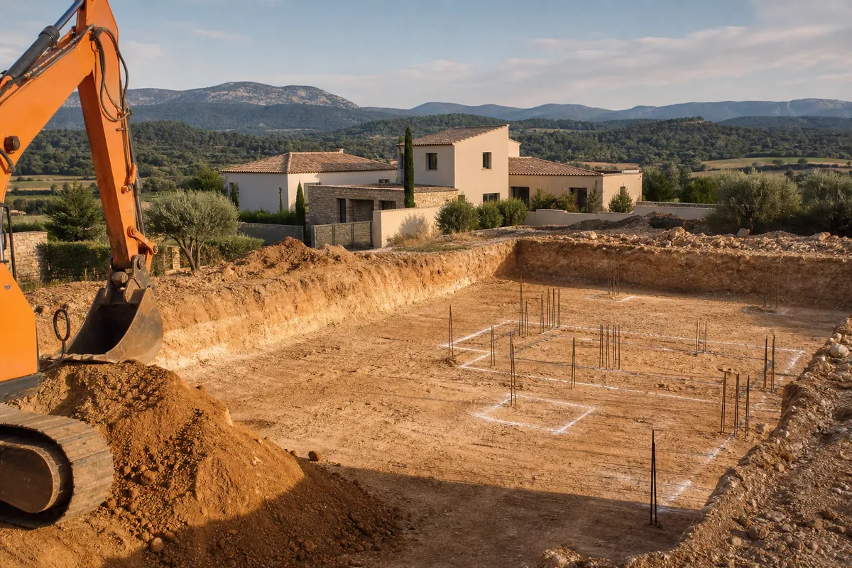 Terrain à Fuveau avec chantier de maison neuve et pelleteuse, budget construction qui grimpe