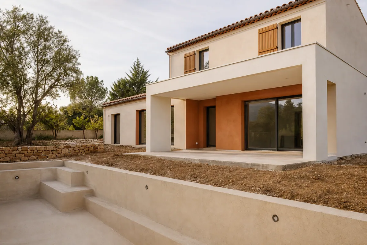 Chantier de construction de maison à Lambesc, Bouches-du-Rhône, illustrant le budget réel en 2026