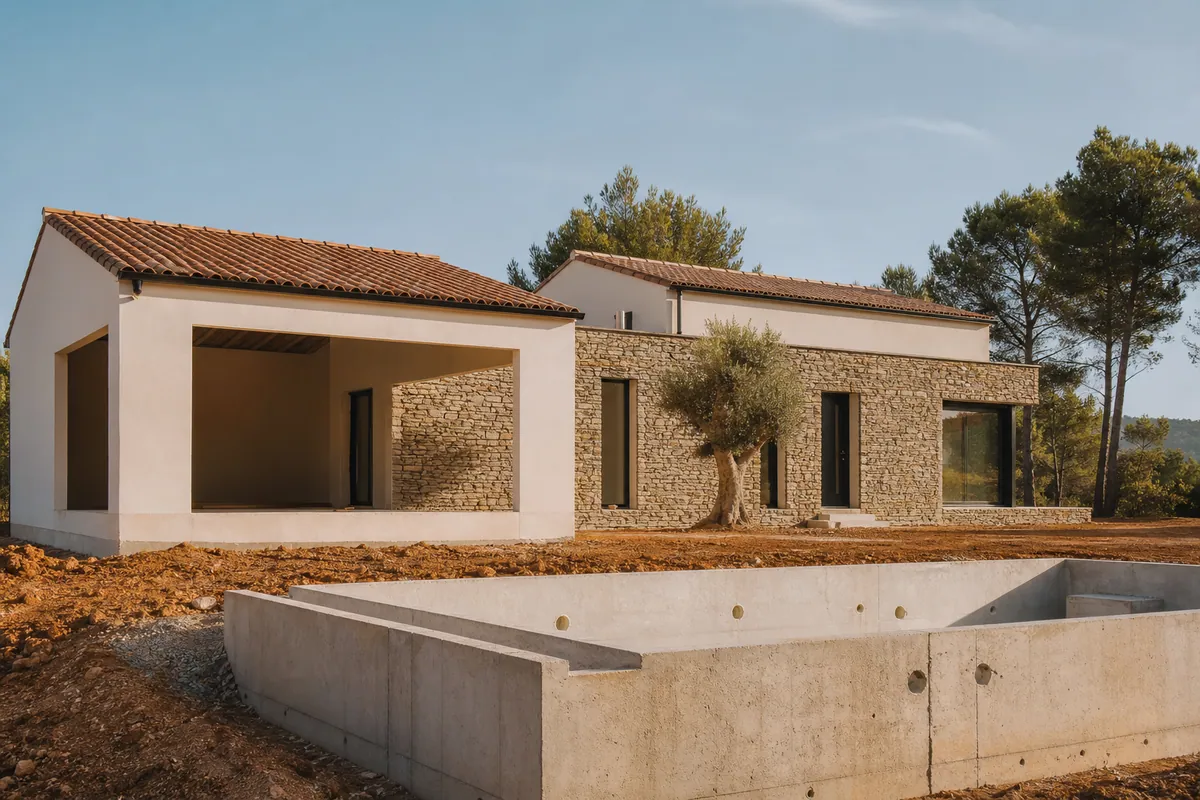 Chantier de maison neuve à Rognac avec gros œuvre, budget construction 2026 et terrain en cours d’aménagement