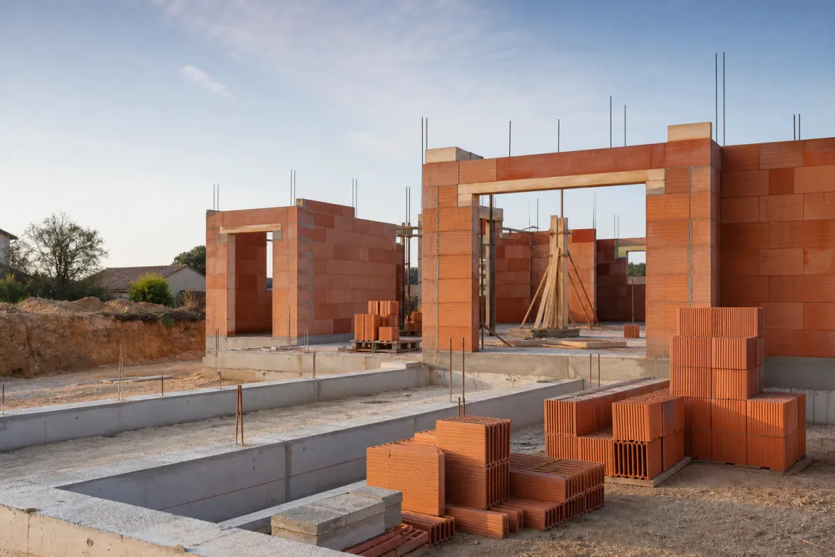 chantier de maison neuve avec fondations et briques, illustrant la marge constructeur CCMI