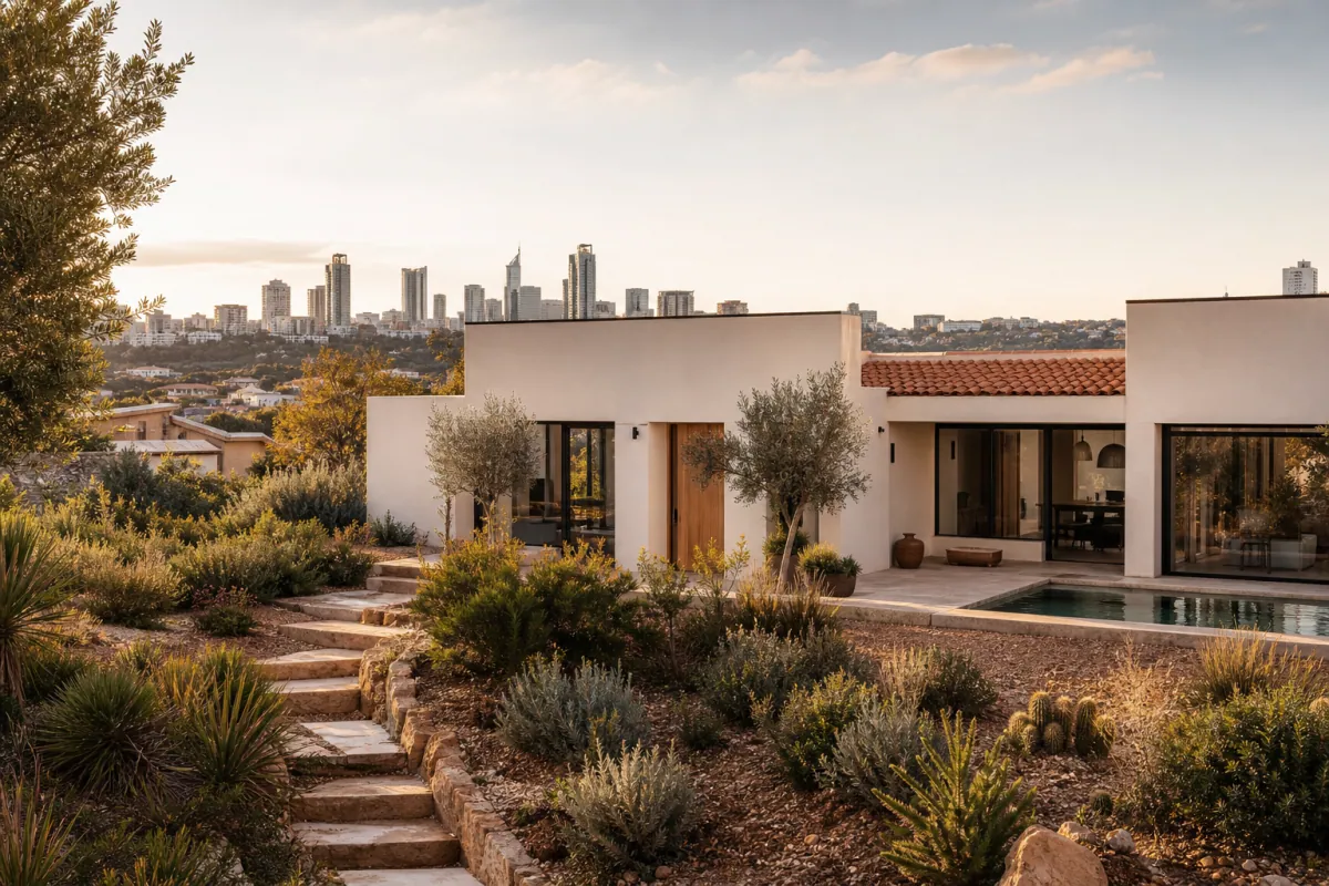 Maison neuve avec étiquettes de prix et skyline urbaine pour illustrer le prix construction maison par ville