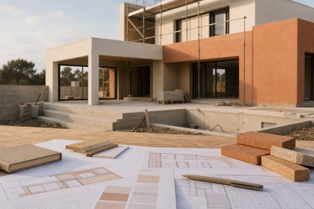 Maison en construction avec documents budget pour illustrer le budget maison selon profil en 2026