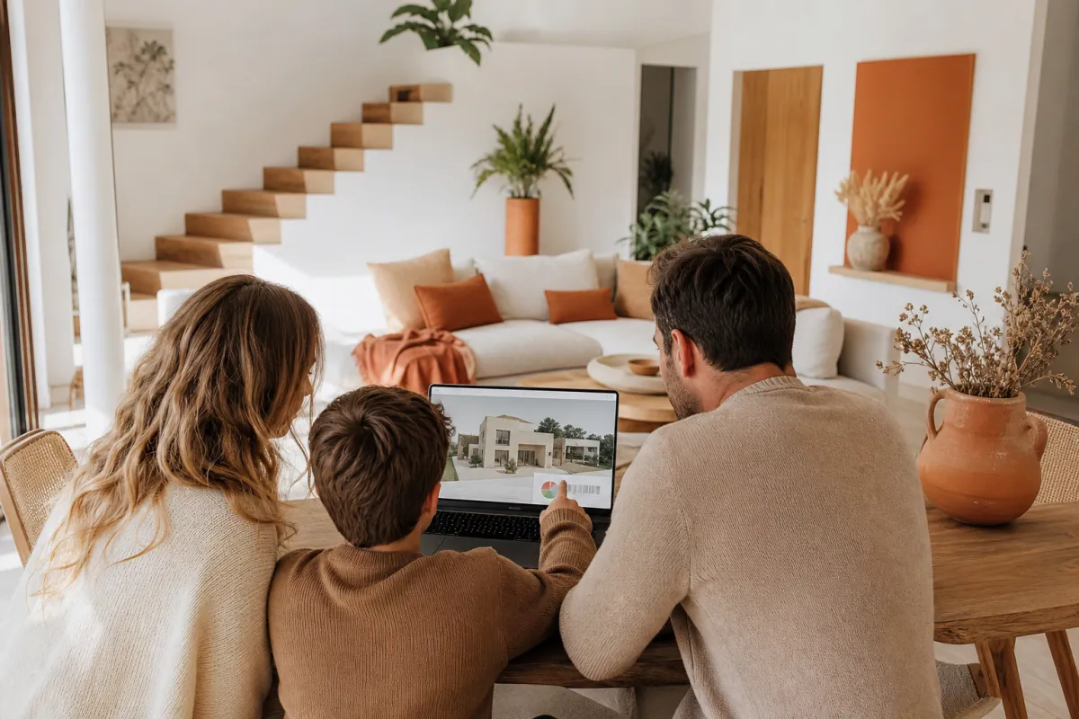 Famille consultantr un simulateur budget maison sur ordinateur portable