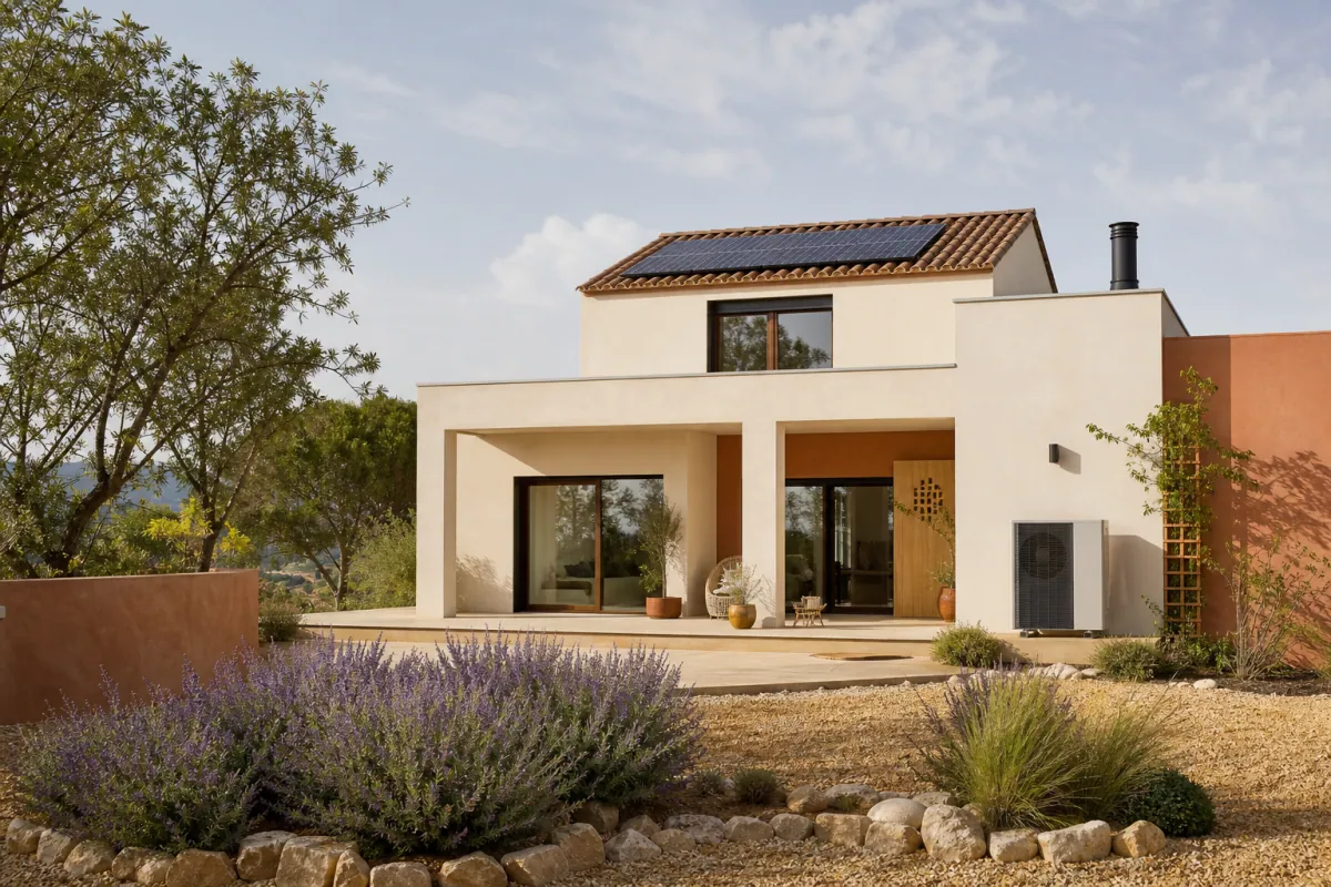 Maison neuve RE2020 avec panneaux solaires et pompe à chaleur, illustrant le coût de construction