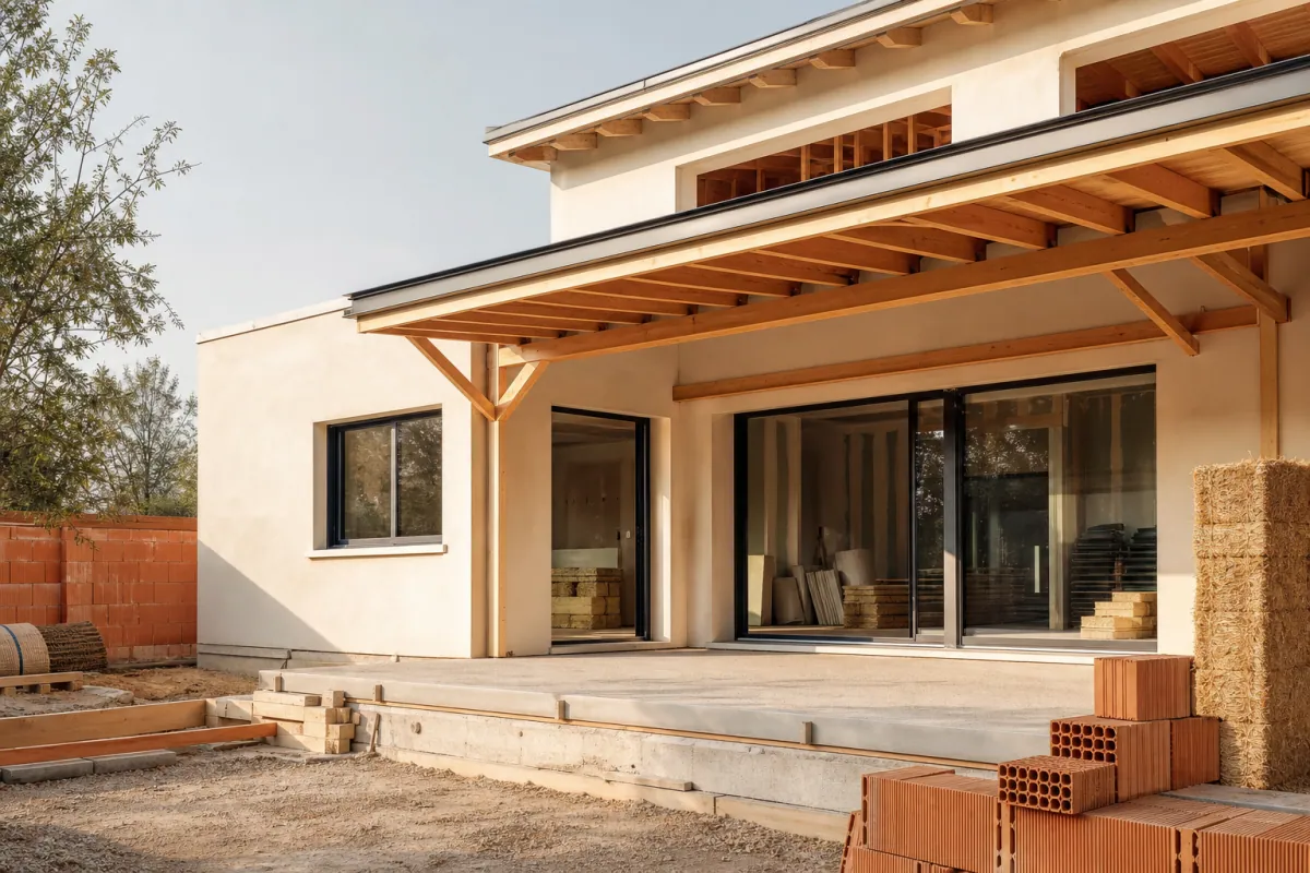 chantier de maison neuve avec matériaux performants RE2020 RE2025 et surcoûts