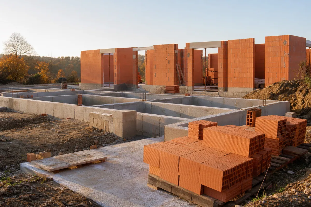 Prix construction maison neuve : chantier de maison individuelle avec fondations et matériaux de construction