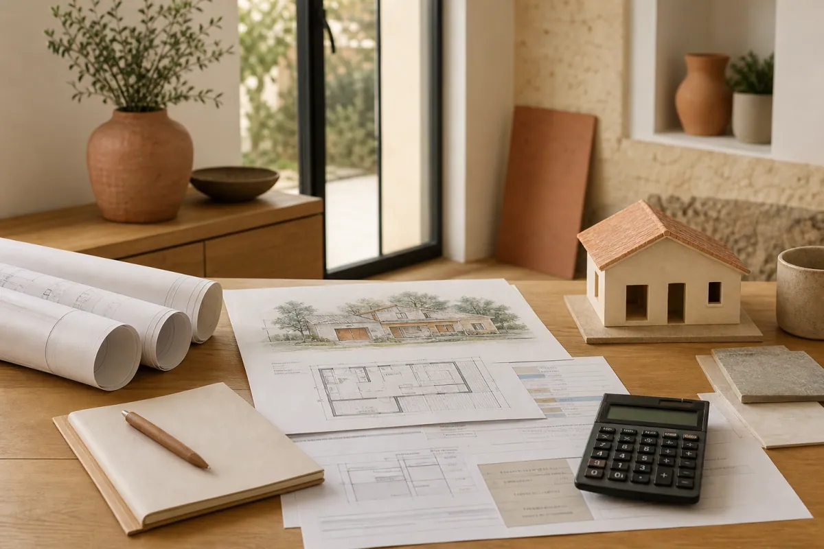 Budget construction maison 2026 avec calculatrice, plans et dossier de crédit immobilier