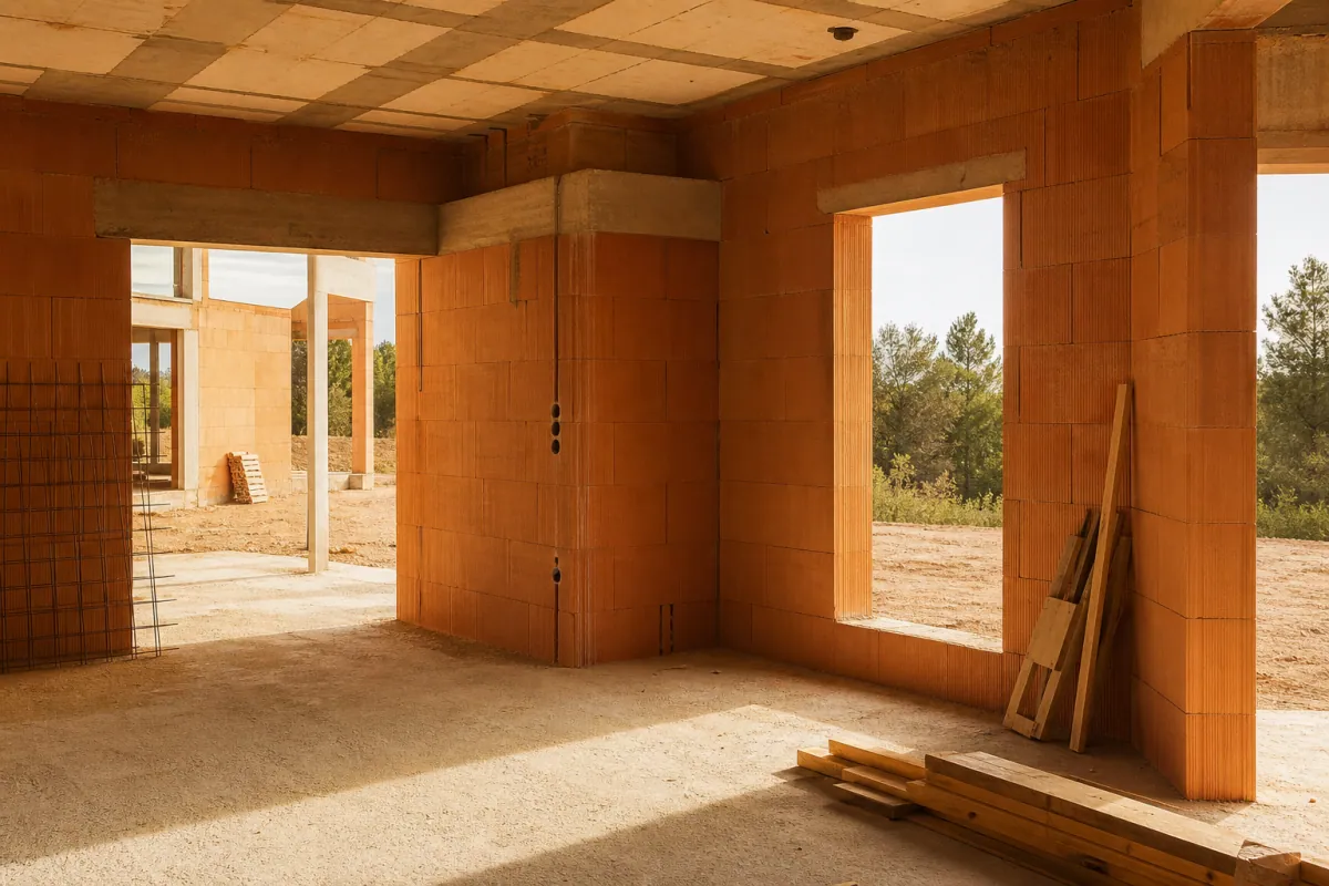 Chantier de maison hors d'eau hors d'air, gros œuvre et structure en cours