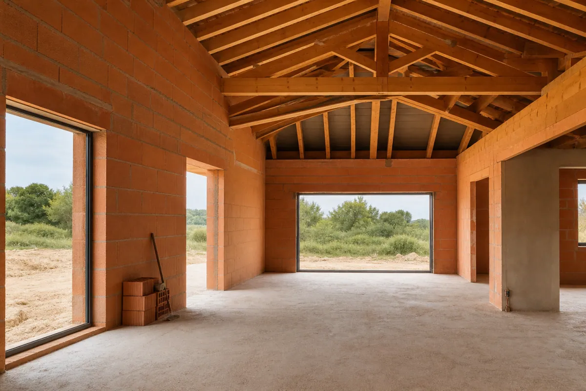 Maison hors d'eau hors d'air en chantier, structure achevée avant second œuvre
