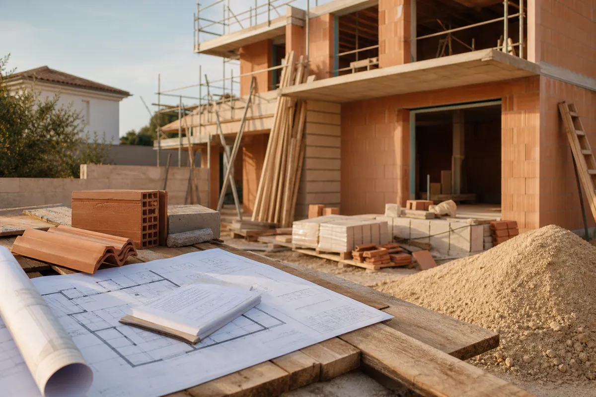 chantier de construction maison avec plans, devis et matériaux, illustrant le dépassement de budget