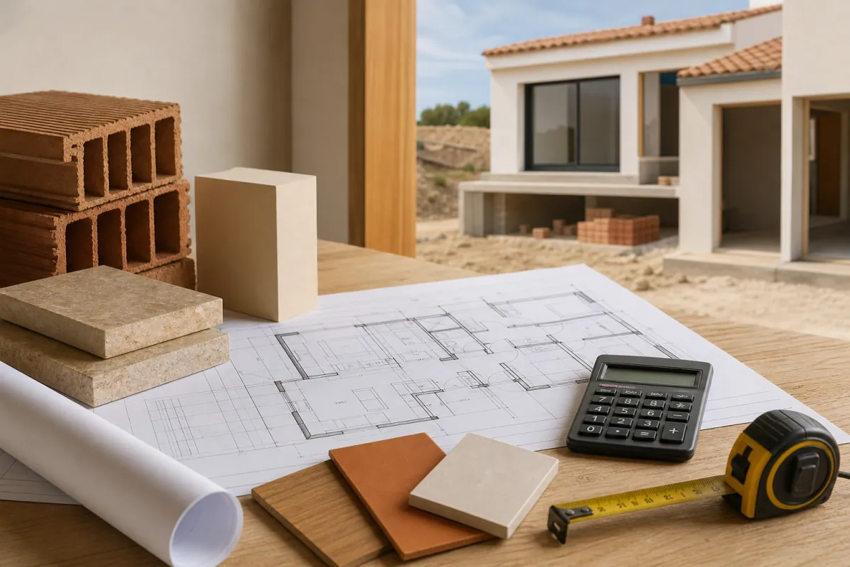 Estimation du prix au m² d'une construction de maison avec plan, calculatrice et mètre