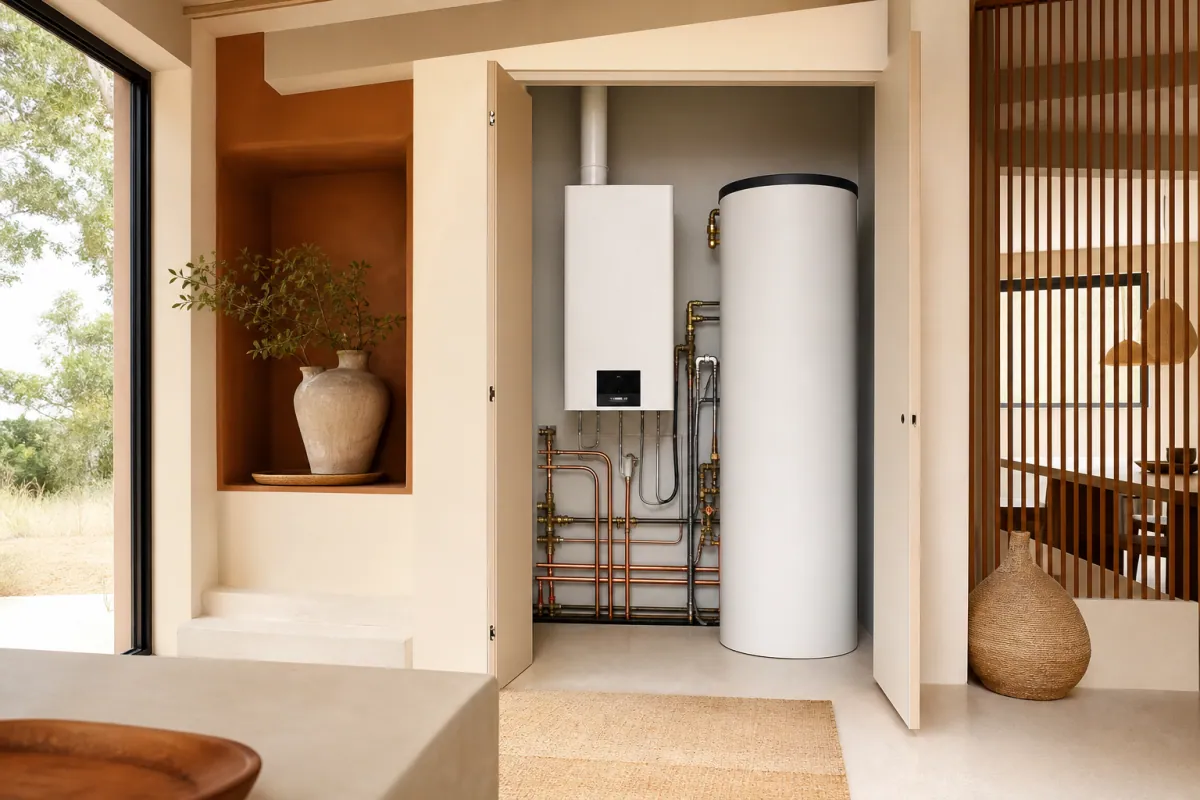 Système de chauffage maison neuve 2026 avec PAC et chaudière gaz, conforme RE2020