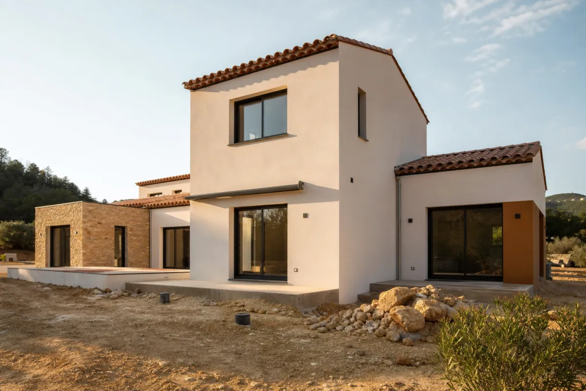 Chantier de maison individuelle neuve illustrant le prix construction maison 250 000 € en 2026
