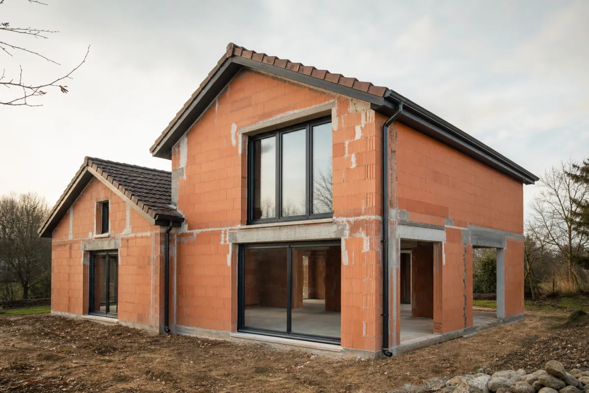 Maison hors d'eau hors d'air 100 m2 en chantier, gros œuvre terminé et budget construction