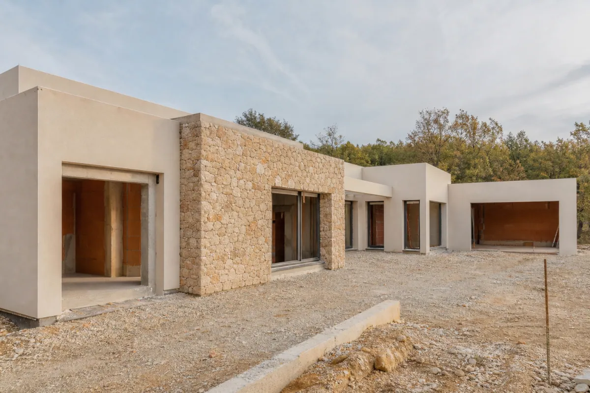 Maison toit plat en construction, illustrant le prix maison toit plat et le surcoût d'étanchéité