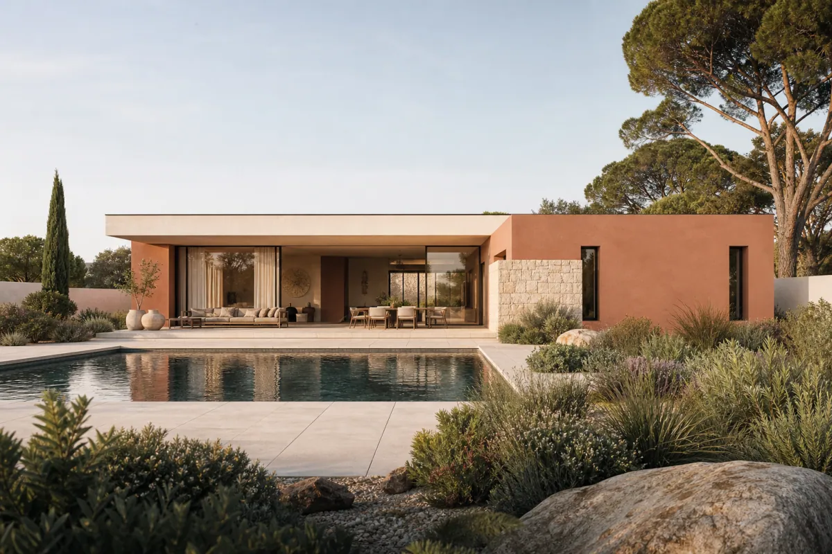 Maison toit plat moderne en construction, illustrant le surcoût d’un toit plat et le budget maison