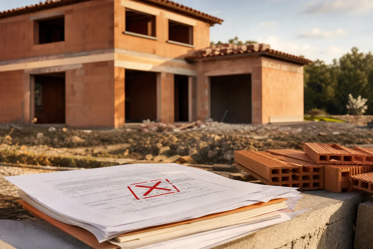 Chantier de maison en construction avec dossier de prêt refusé