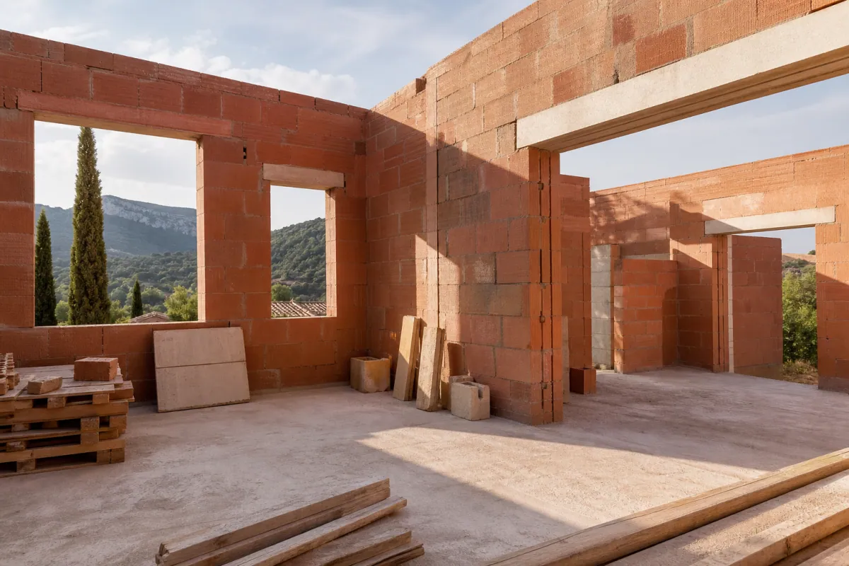 chantier de maison neuve en PACA avec dalle béton et murs en maçonnerie