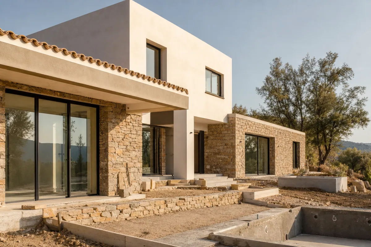 chantier de construction maison en PACA avec matériaux, grue et planning de travaux