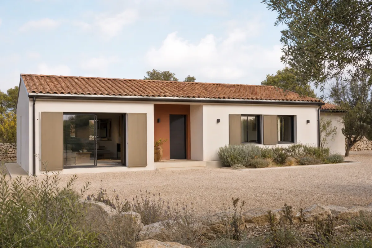 Maison de plain-pied économique en construction, illustrant un budget de 130 000 € en 2026
