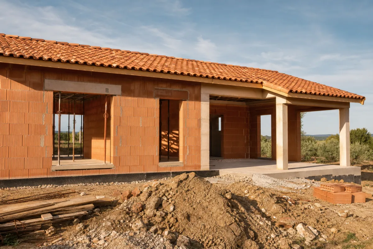 Maison de plain-pied en construction, illustrant une surface possible avec 130 000 €